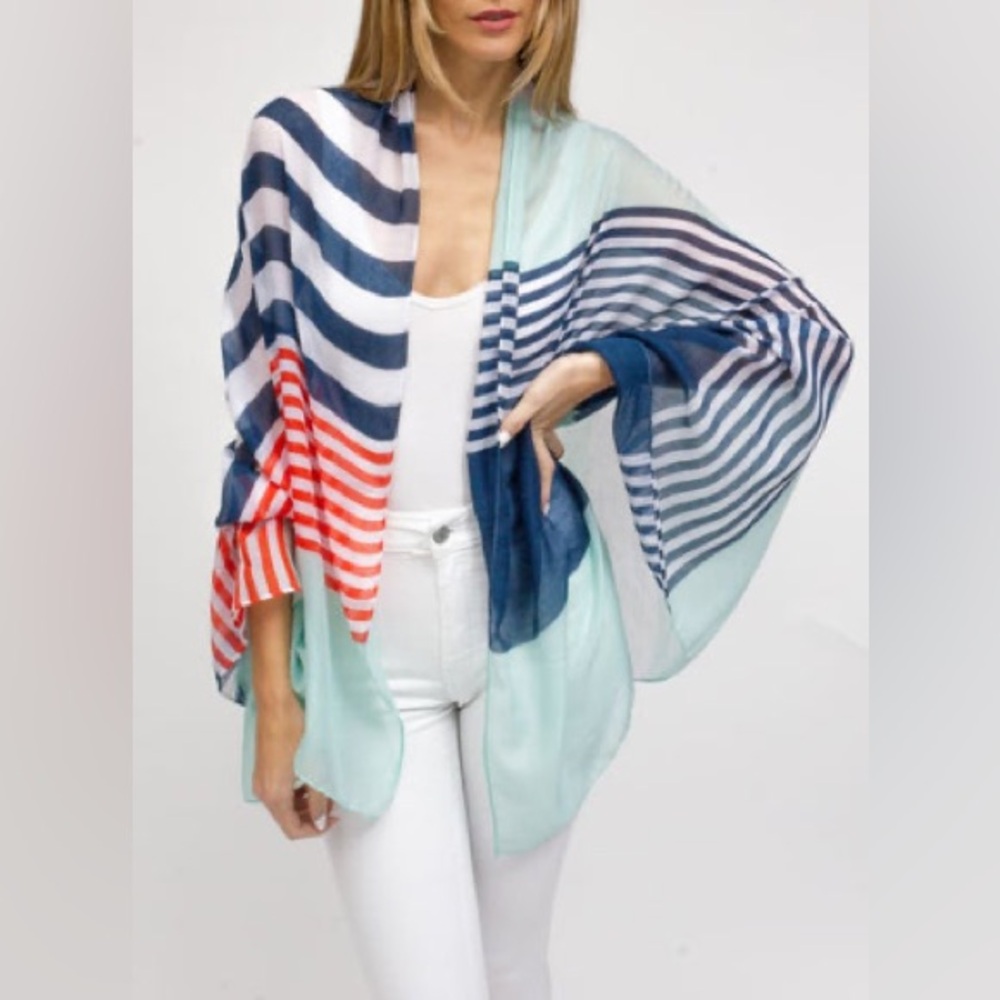 Multi Nautical Striped Lightweight Kimono Shawl in Navy, Mint & Coral